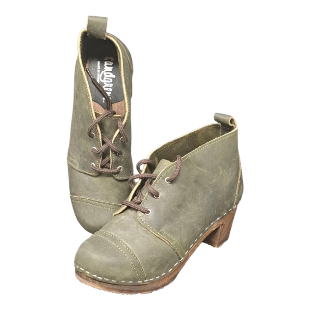 Sandgrens Swedish Handmade Wooden Clog Boot | Chukka Cap Toe / Olive US Size 6.5
